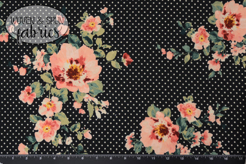Double Brushed Poly - Black Floral with Dots
