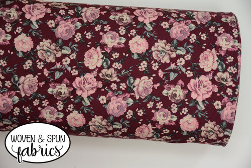 Double Brushed Poly - Burgundy Floral
