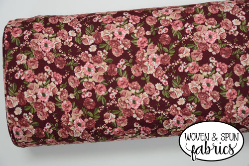 Double Brushed Poly - Burgundy Floral