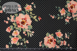 Double Brushed Poly - Black Floral with Dots