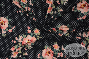 Double Brushed Poly - Black Floral with Dots